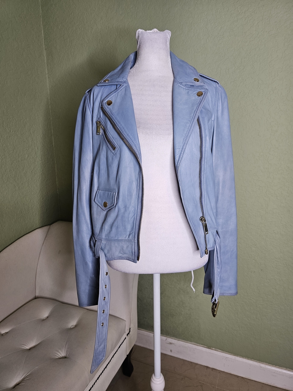 MICHAEL Michael Kors Light Blue Leather Moto Jacket with Belt